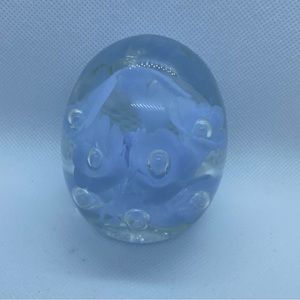 Gorgeous Joe Rice Glass Paperweight with Light Blue Trumpet Flowers VTG 2002